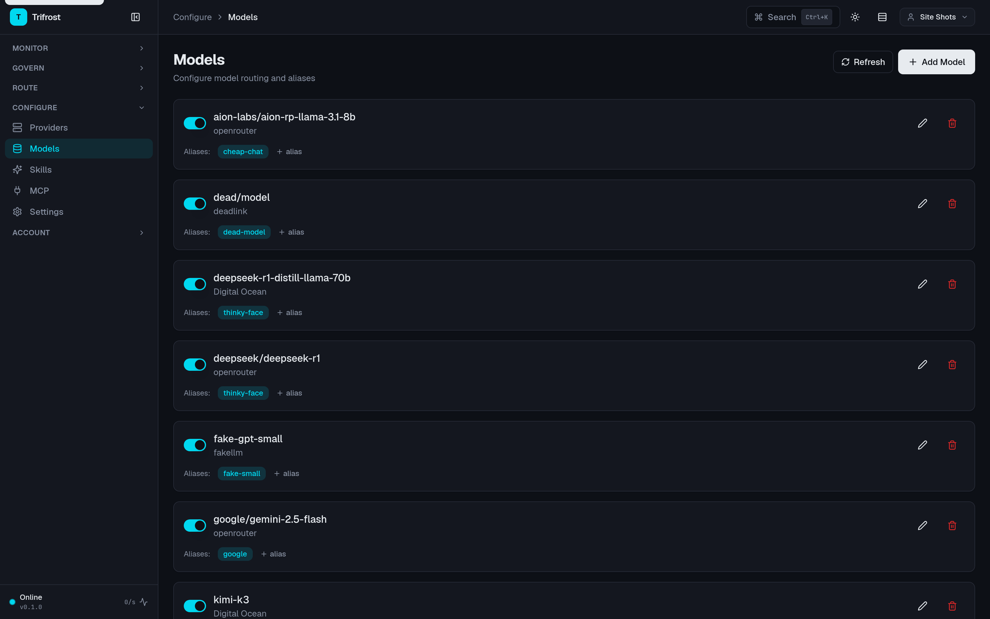 The Trifrost models admin page showing registered models with aliases and load-balancing group badges