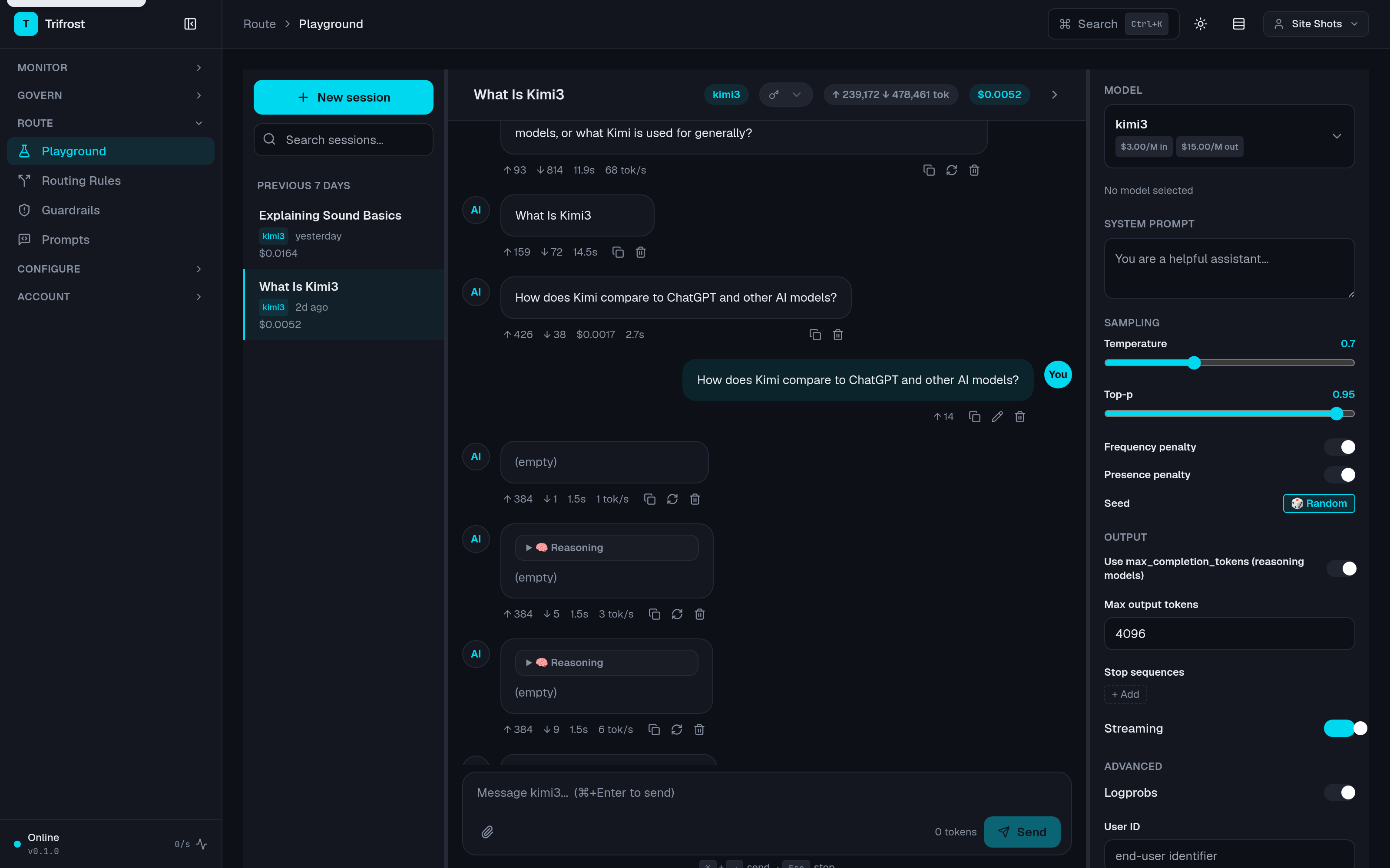The Trifrost playground: a kimi3 chat session with reasoning bubbles, per-message token and cost telemetry, and a session cost rollup of $0.0052 in the header
